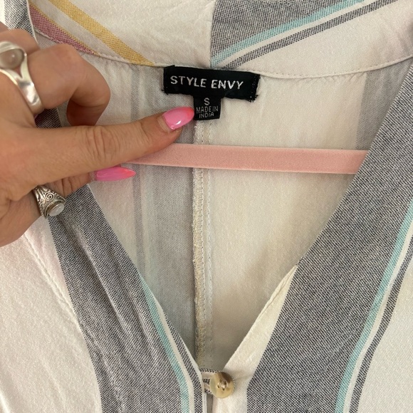 Style Envy Cropped Colorful Striped Button-Down Tie Front Blouse Single Stitch S - Picture 7 of 16